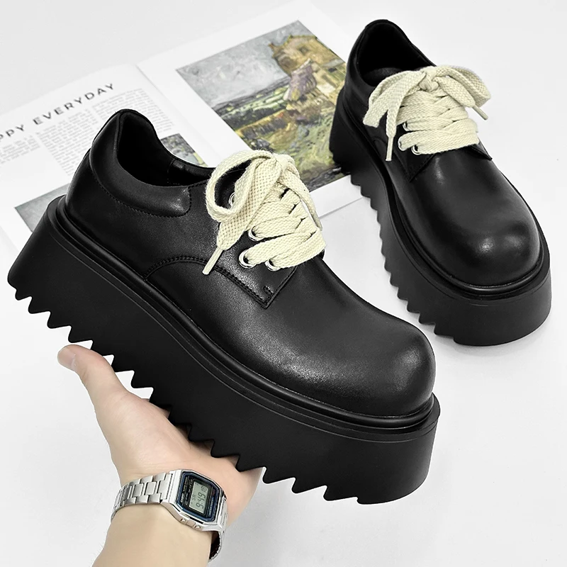 large size men fashion punk hip hop platform shoes black trendy natural leather shoe designer big toe sneakers lace-up footwear