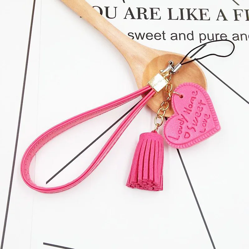 Love Heart Tassel Hand Wrist Lanyard Strap String For Phones PU Leather Rope USB Flash Drives Keychains - Image 6