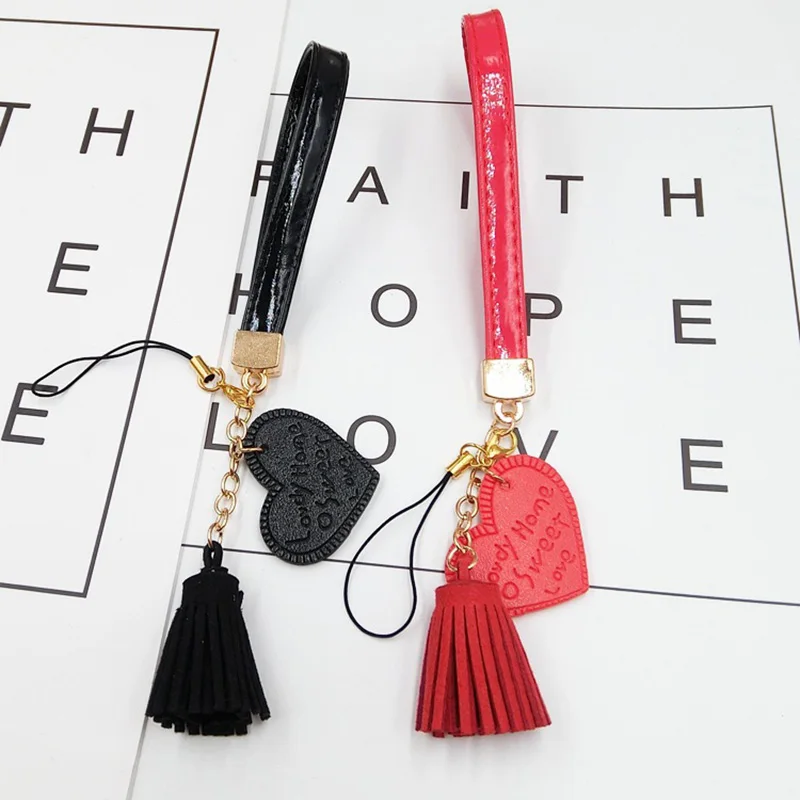 Love Heart Tassel Hand Wrist Lanyard Strap String For Phones PU Leather Rope USB Flash Drives Keychains - Image 3