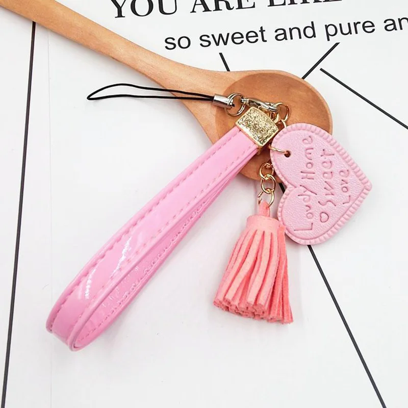 Love Heart Tassel Hand Wrist Lanyard Strap String For Phones PU Leather Rope USB Flash Drives Keychains - Image 4