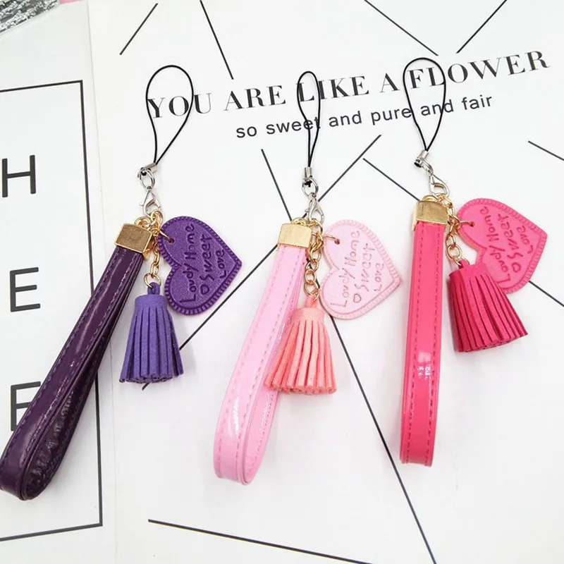 Love Heart Tassel Hand Wrist Lanyard Strap String For Phones PU Leather Rope USB Flash Drives Keychains - Image 2