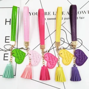 Love Heart Tassel Hand Wrist Lanyard Strap String For Phones PU Leather Rope USB Flash Drives Keychains