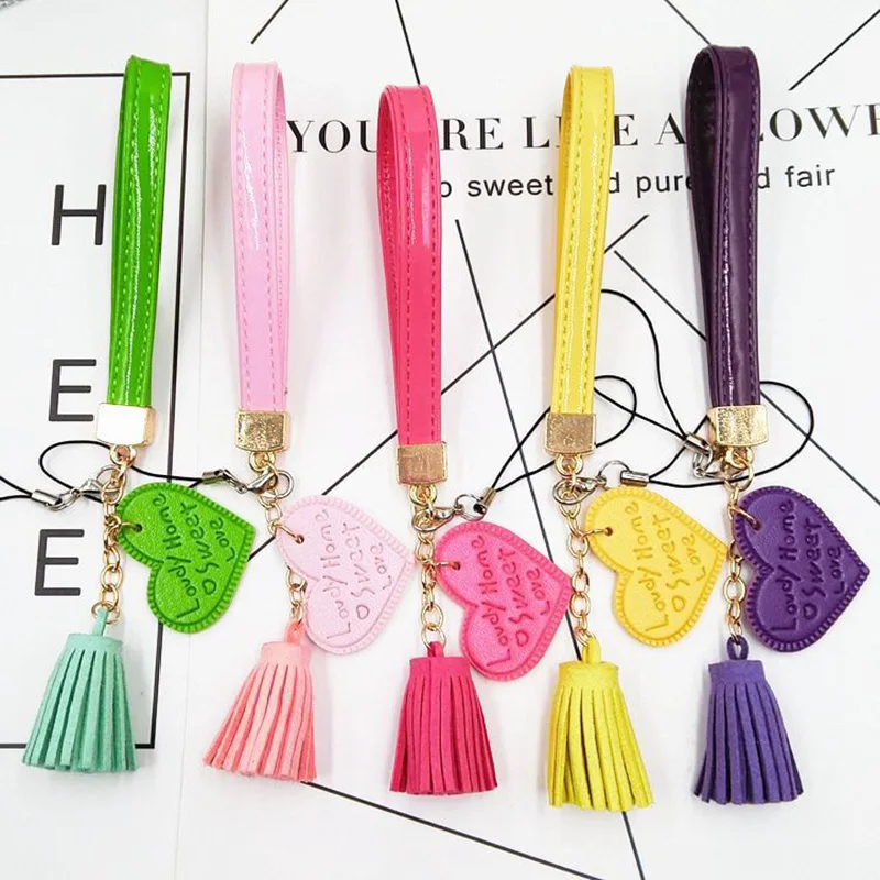 Love Heart Tassel Hand Wrist Lanyard Strap String For Phones PU Leather Rope USB Flash Drives Keychains